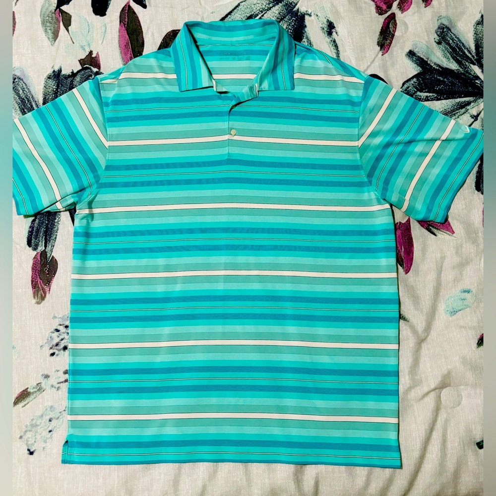 Nike Dri-fit Polo. Striped Tealish, Blue and white. Unworn but no tags. Size XL.